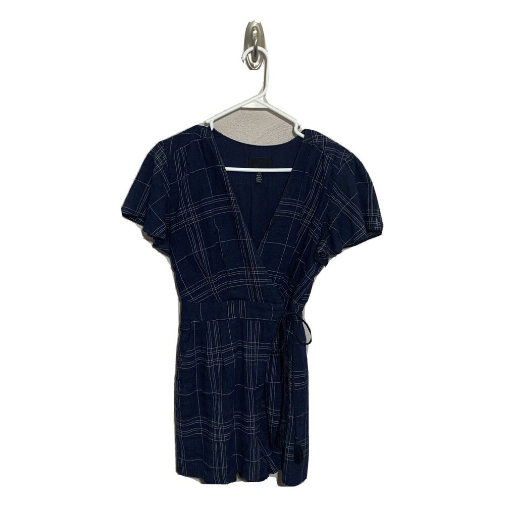 Anthropologie Greylin Kate Wrap Navy Blue Plaid Romper Sz XS $115 Lined Pockets